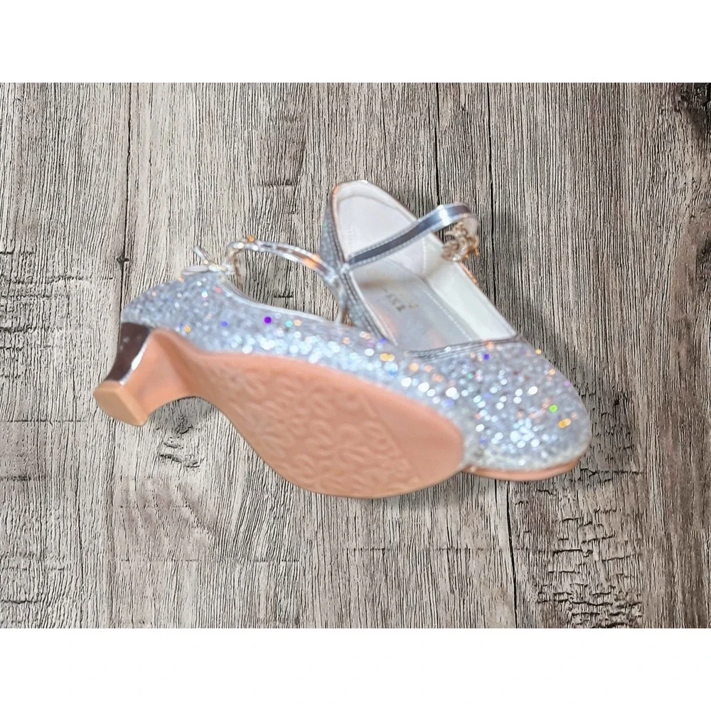 Girls Silver Glitter Heels Dress Party Wedding Shoes Princess Pumps Size 4.5